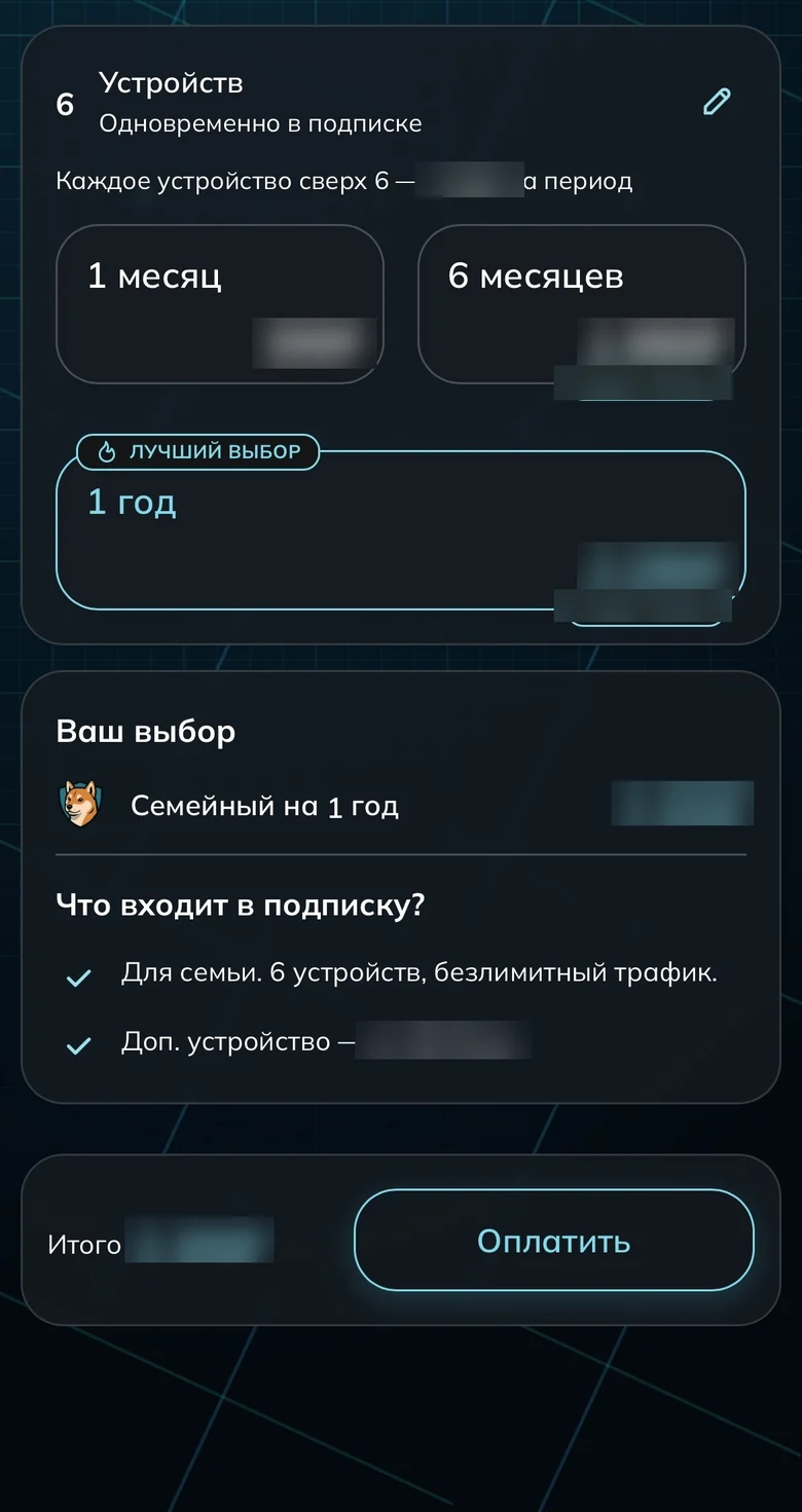 Выбор срока подписки для нового тарифа