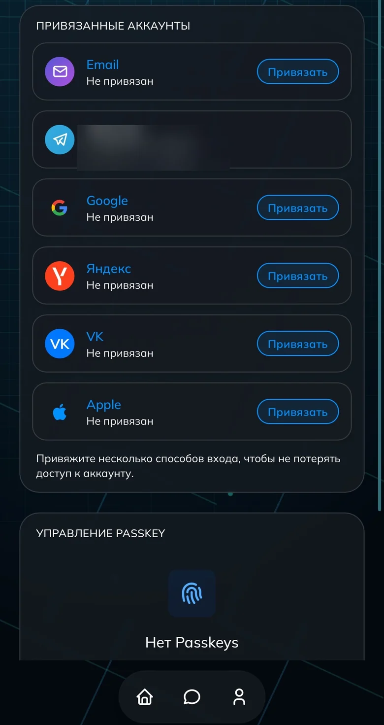 Раздел привязанных аккаунтов: Email, Telegram, Google, Яндекс, VK, Apple